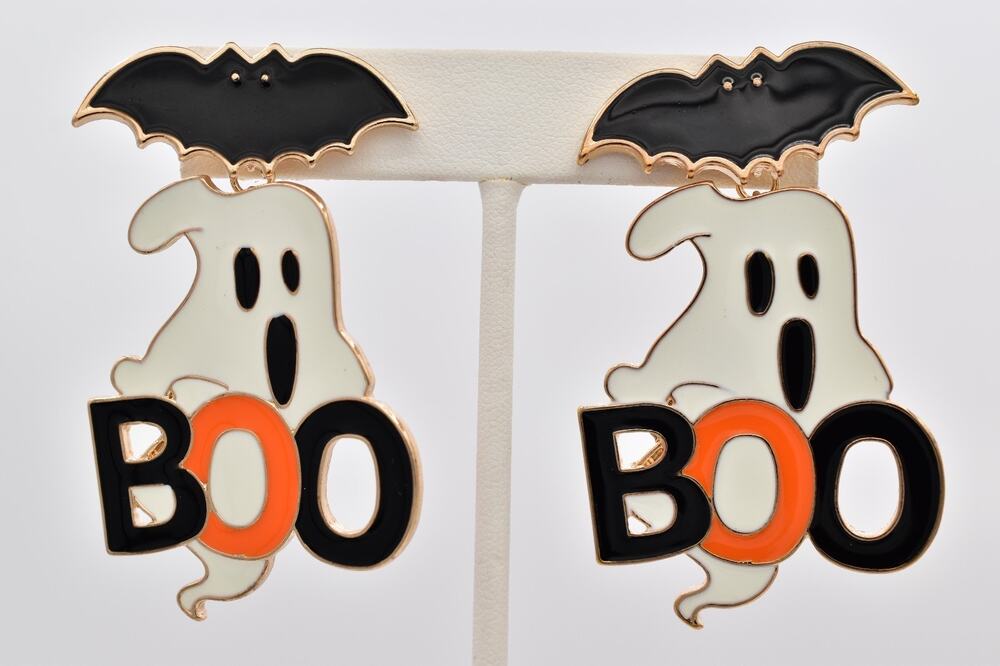 Vintage Halloween Ghost Boo Bat Dangle Earrings Black Orange Enamel Chunky Bin7
